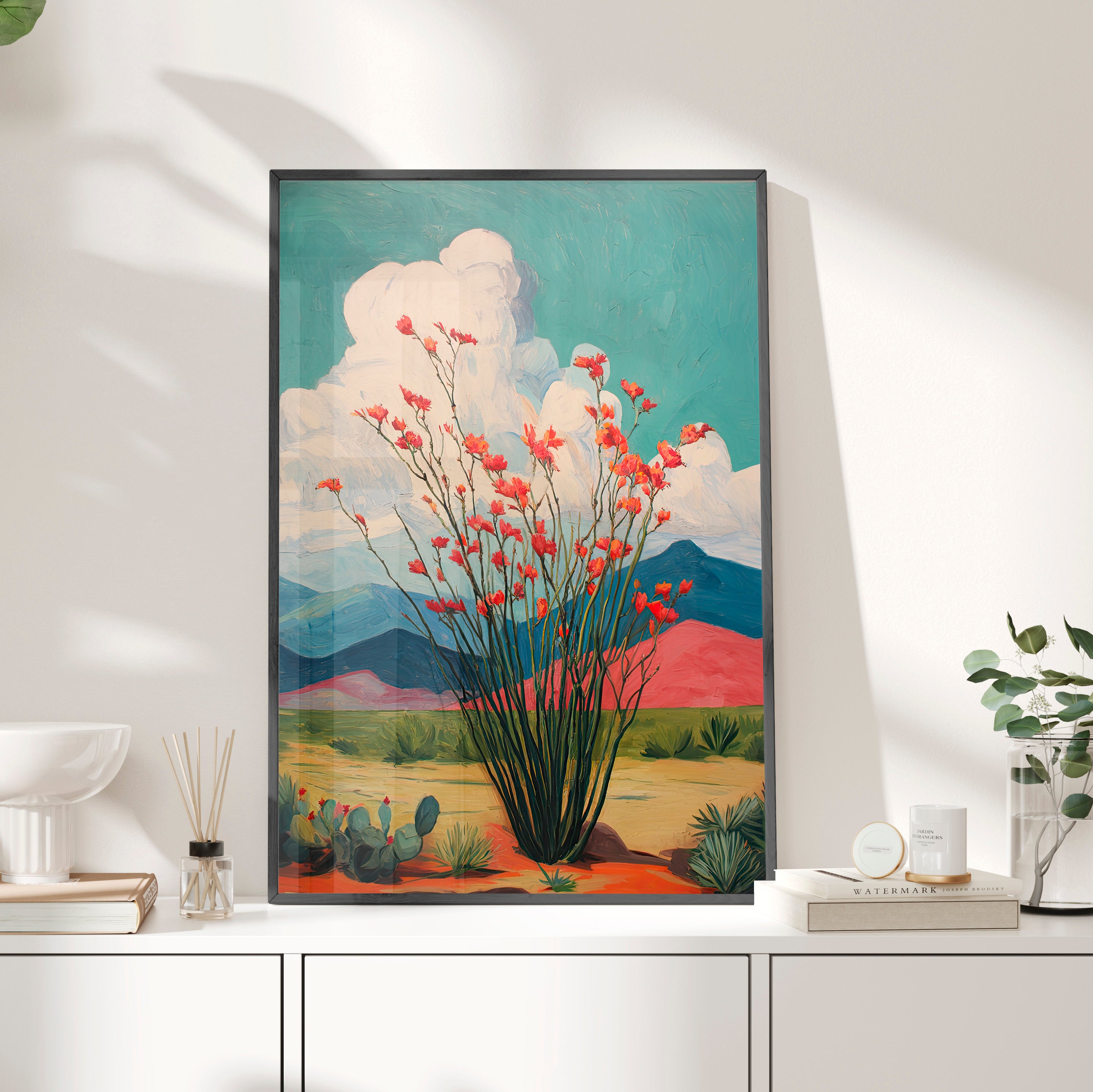 Framed Paper Print - Ocotillo Cactus Desert Bloom