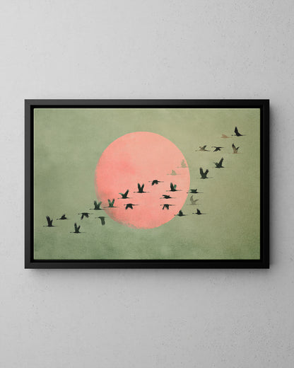 Framed Canvas - Blush Moon Bird Migration
