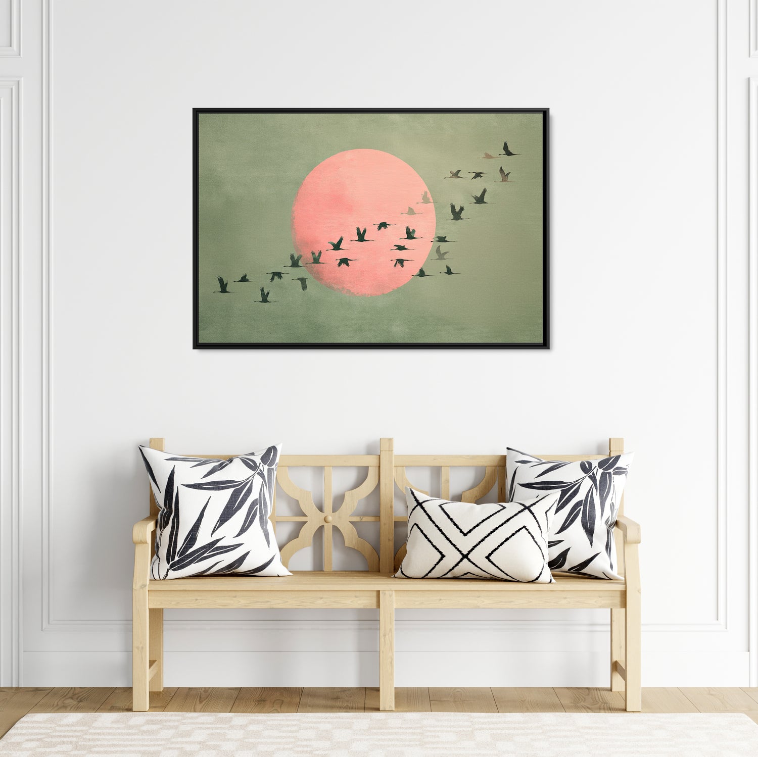 Framed Canvas - Blush Moon Bird Migration