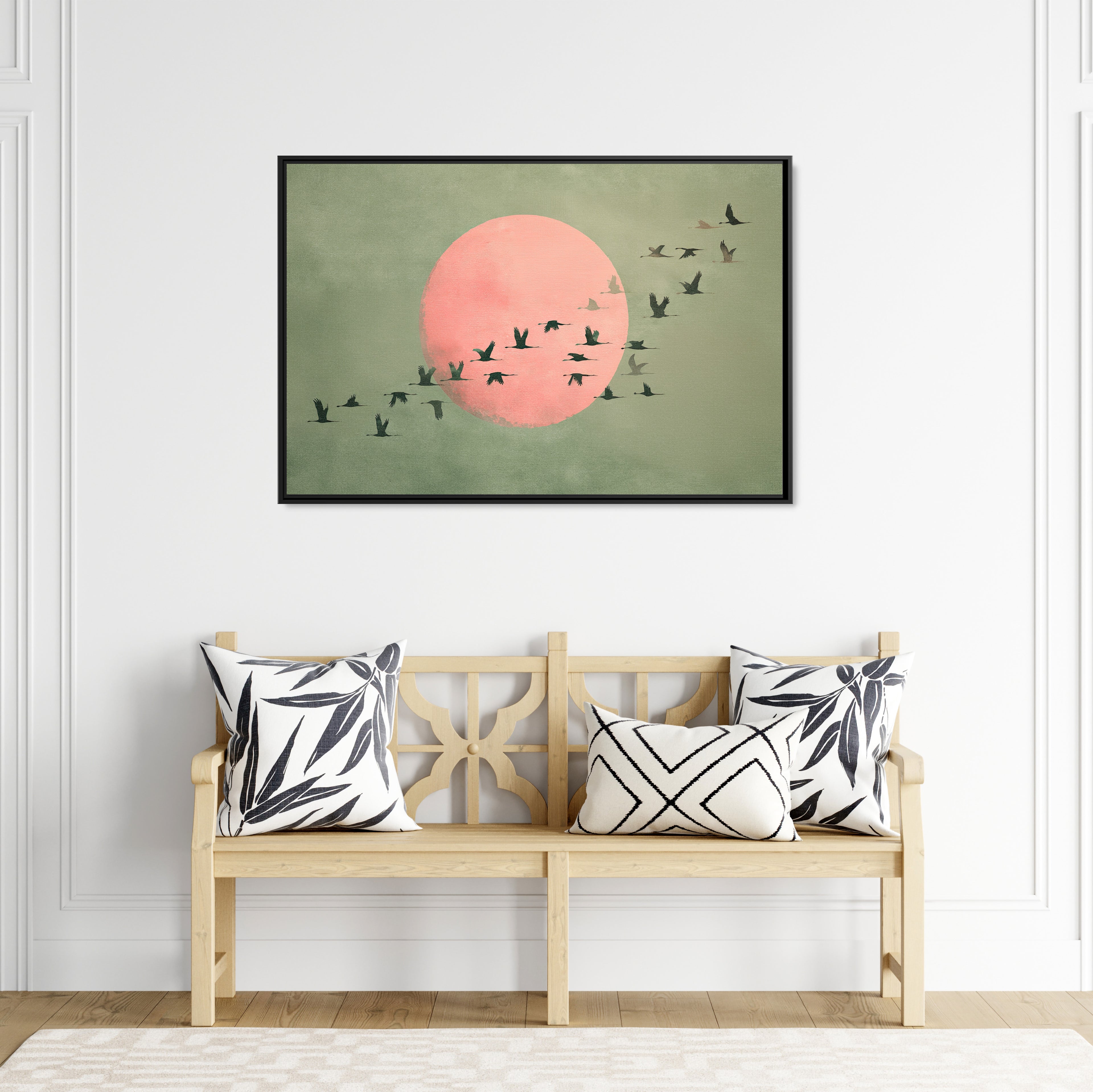 Framed Canvas - Blush Moon Bird Migration