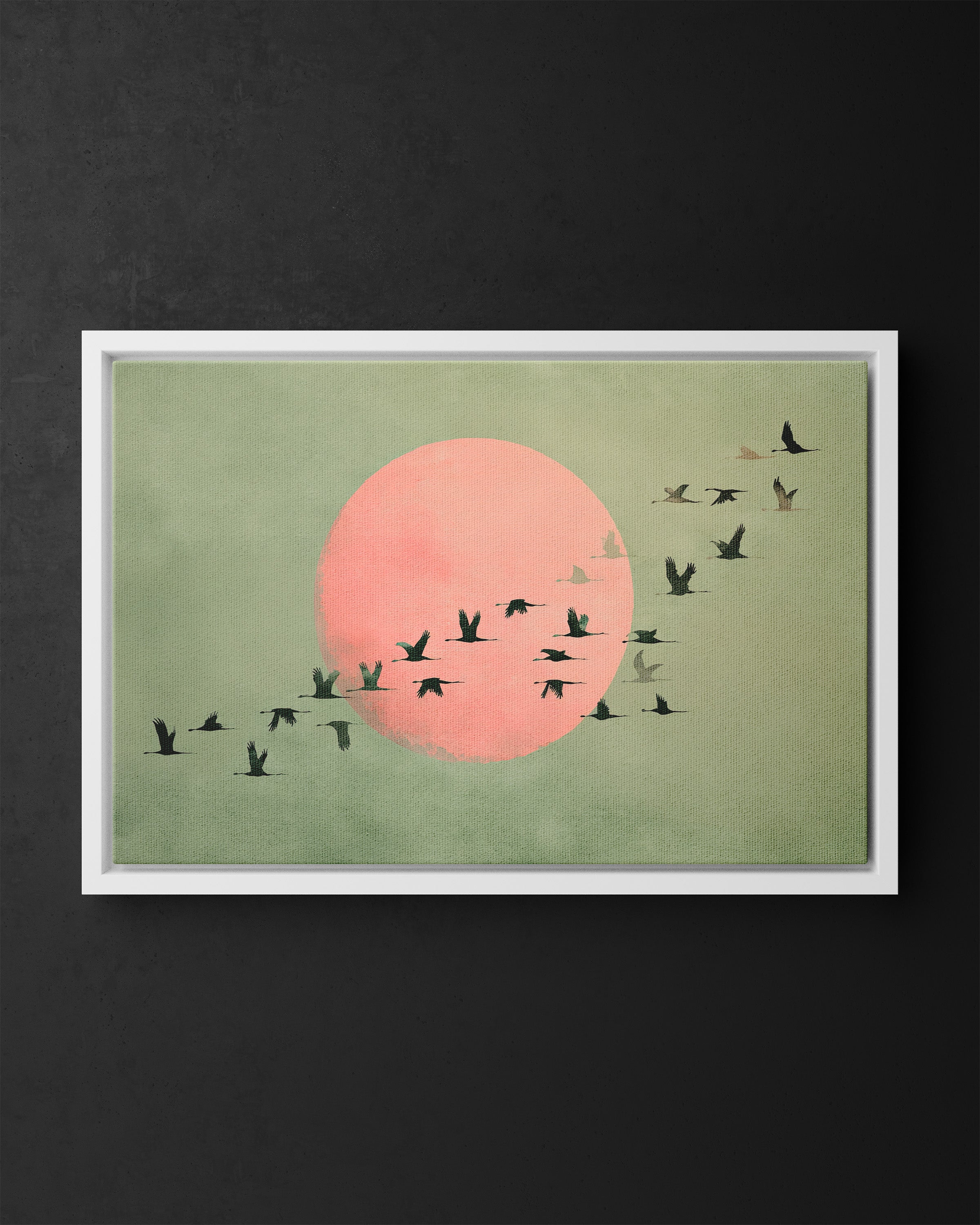 Framed Canvas - Blush Moon Bird Migration