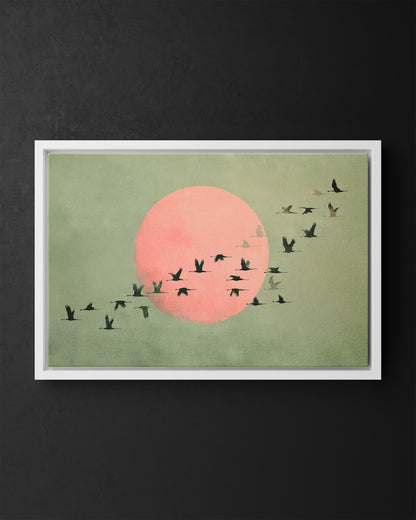 Framed Canvas - Blush Moon Bird Migration
