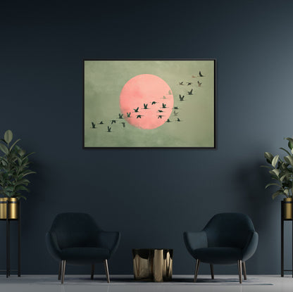 Framed Canvas - Blush Moon Bird Migration