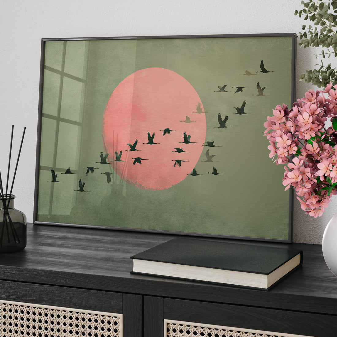 Framed Paper Print - Blush Moon Bird Migration