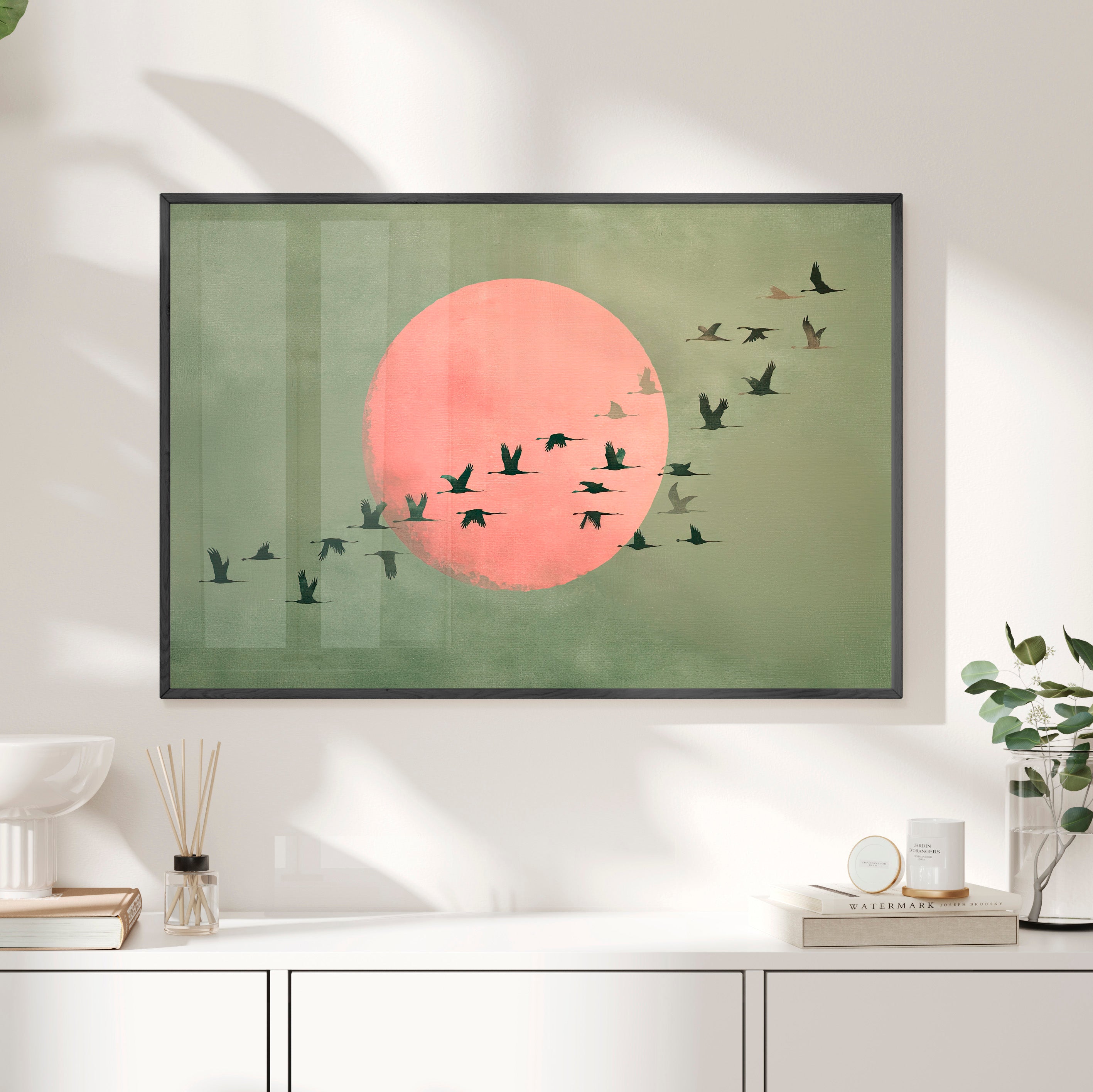 Framed Paper Print - Blush Moon Bird Migration