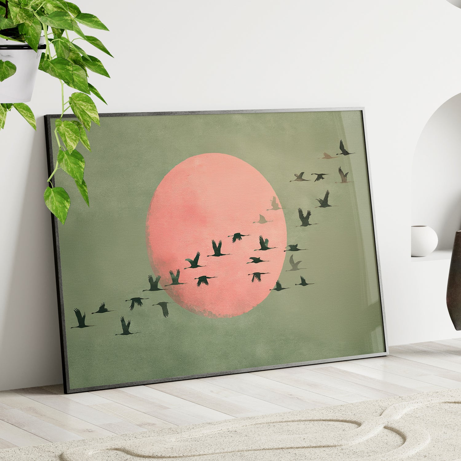 Framed Paper Print - Blush Moon Bird Migration