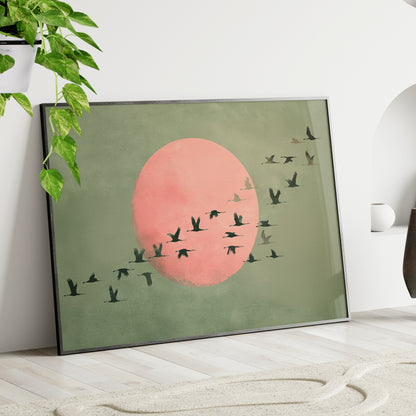 Framed Paper Print - Blush Moon Bird Migration