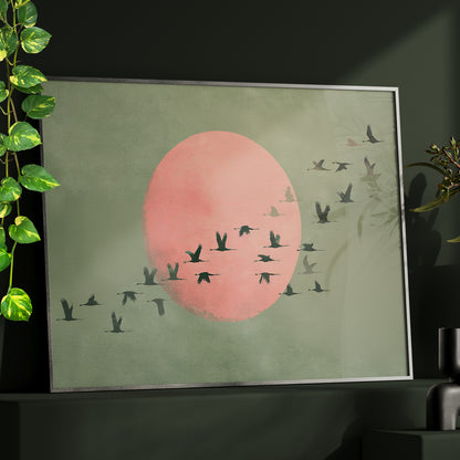Framed Paper Print - Blush Moon Bird Migration