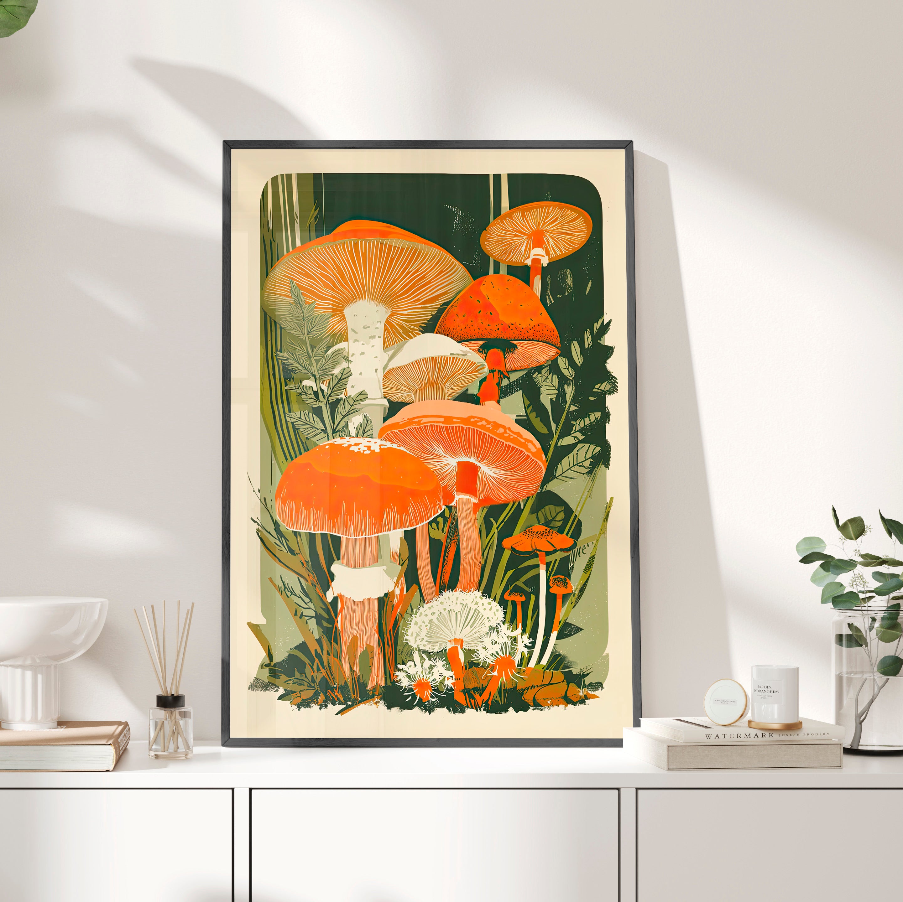Framed Paper Print - Groovy Woodland Mushrooms
