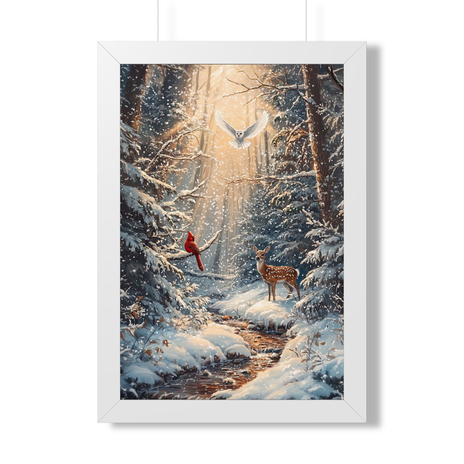 Framed Paper Print - Winter Cardinal Deer Owl