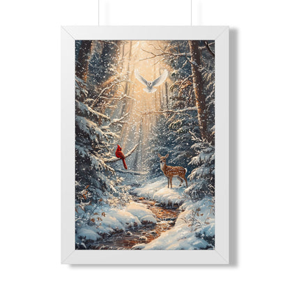 Framed Paper Print - Winter Cardinal Deer Owl