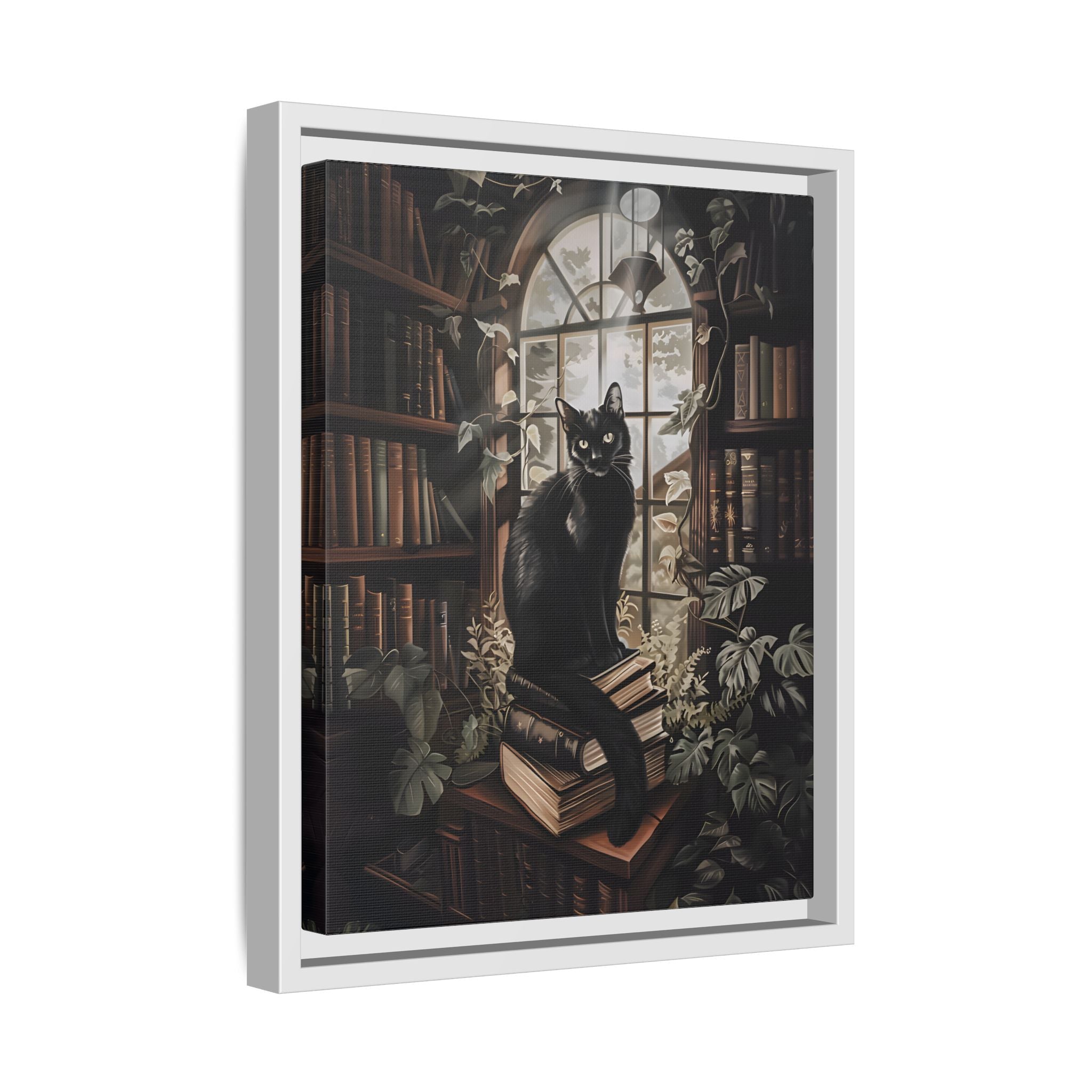 Framed Canvas - Book Hoarder Feline Gaze