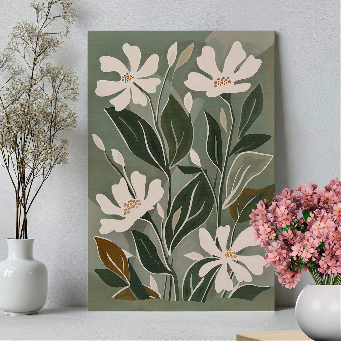 .75&quot; Matte Canvas - Cream Blooms on Sage Leaves