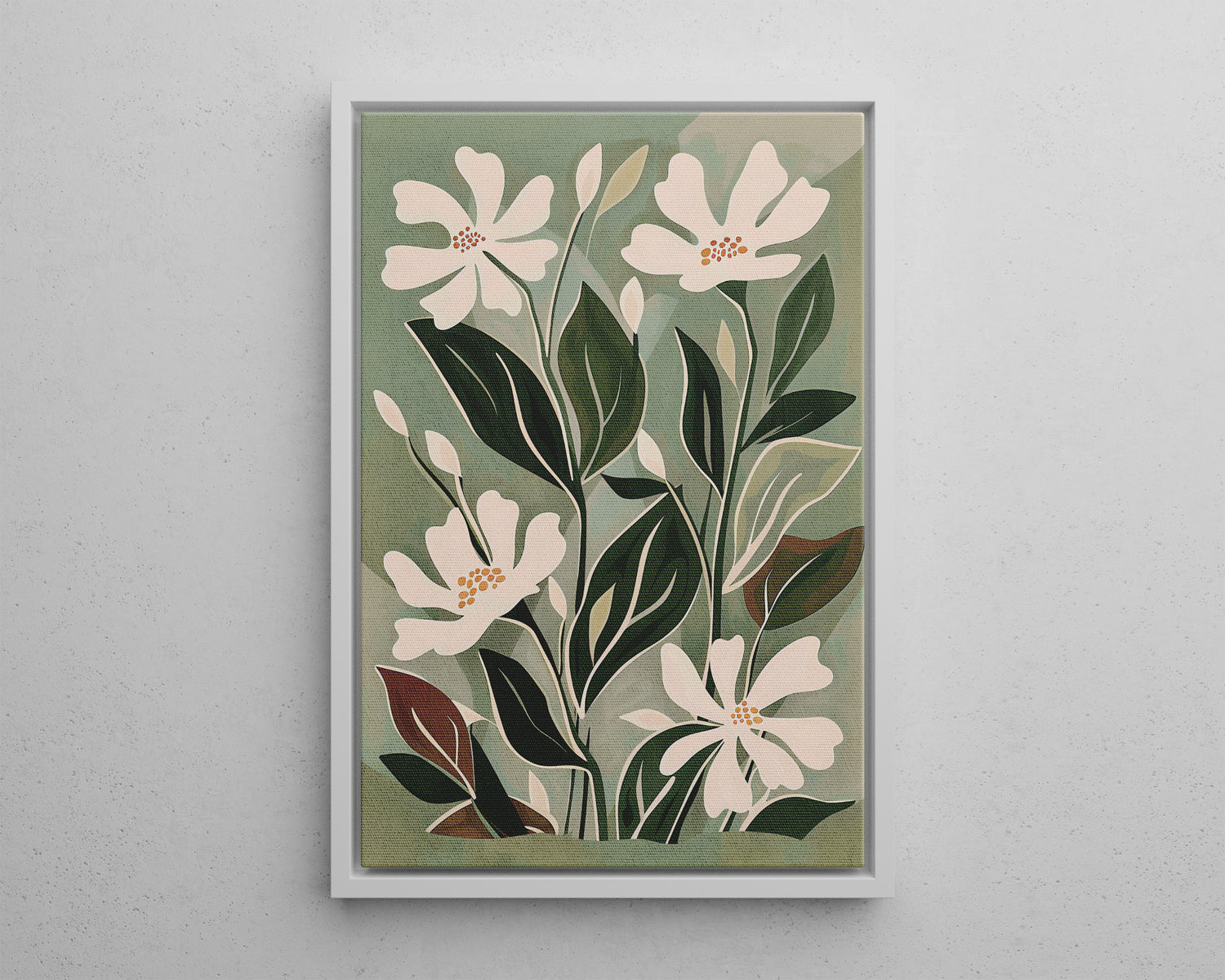 Framed Canvas - Cream Blooms on Sage Leaves