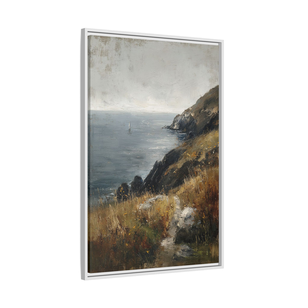 Framed Canvas - Cliffside Sailboat Seascape