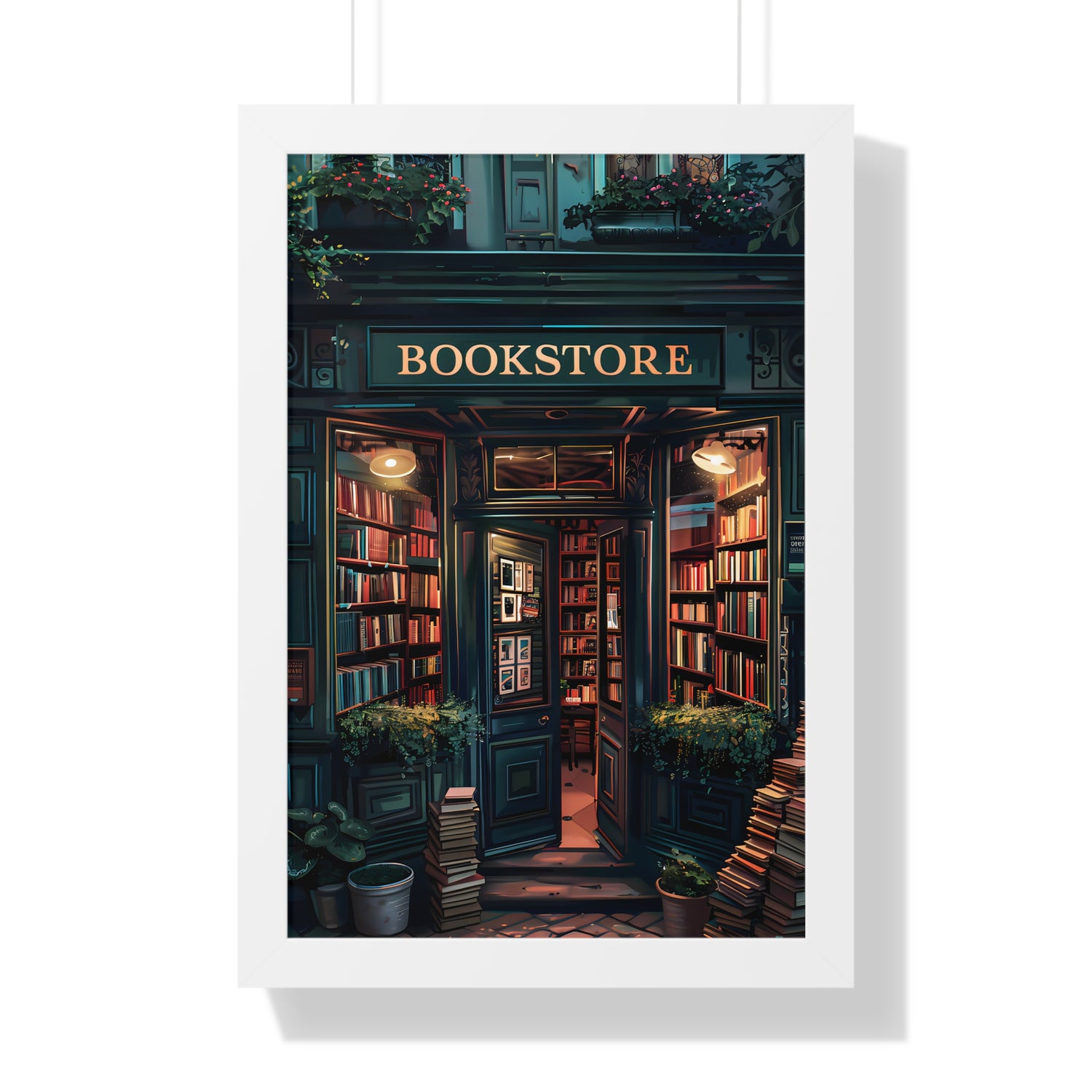 Framed Paper Print - Midnight Bookstore Glow
