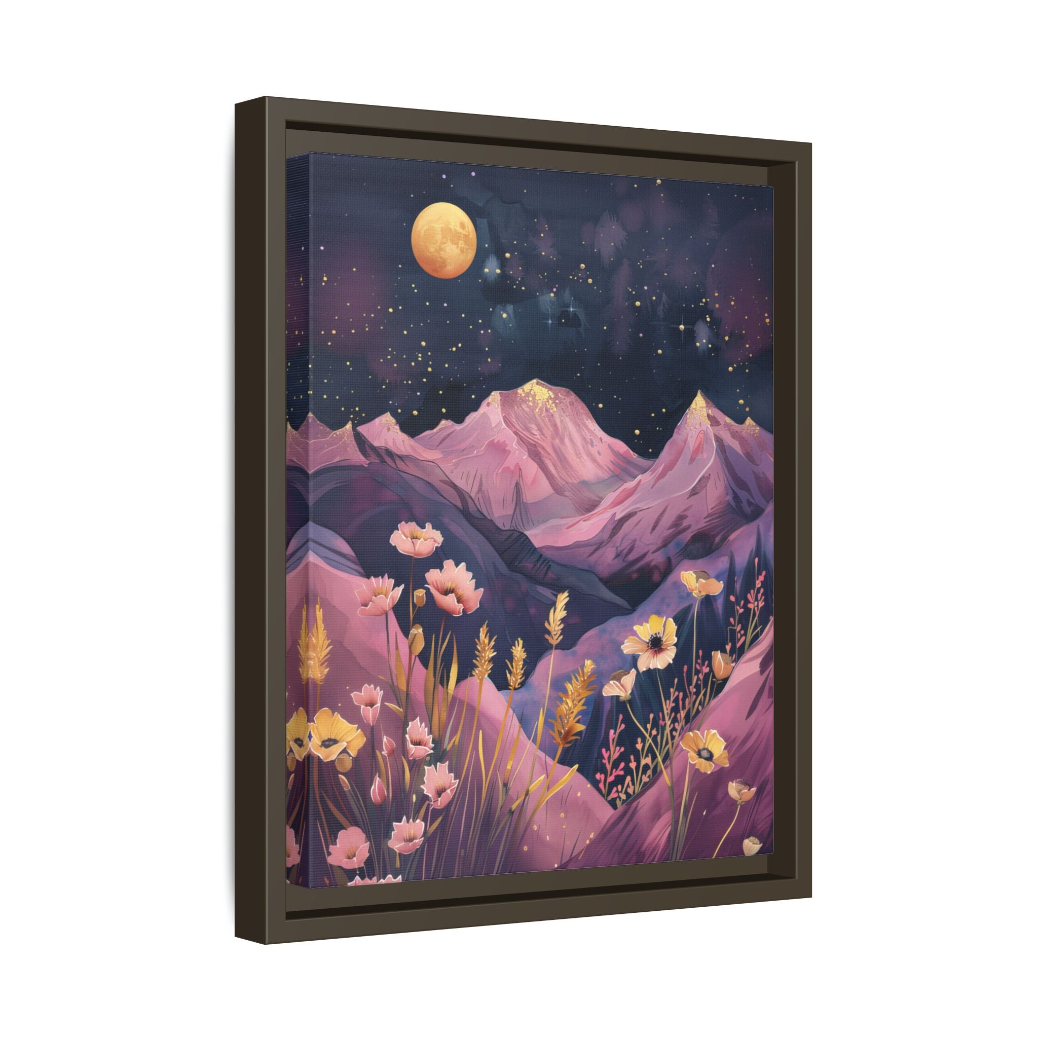 Framed Canvas - Golden Moon Over Lavender Peaks