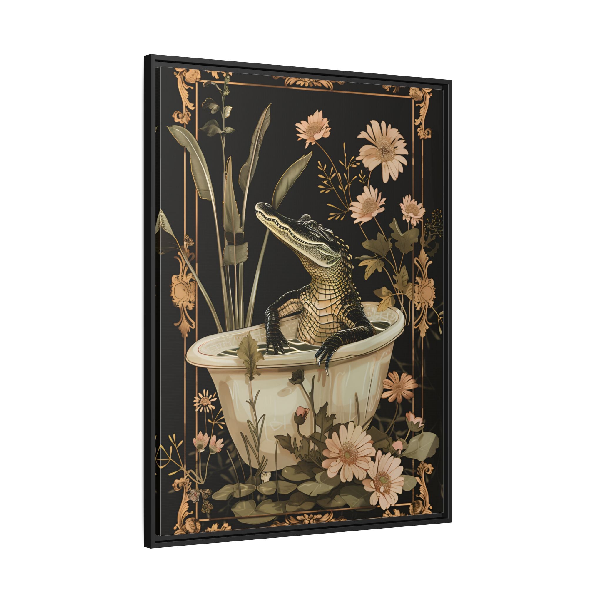 Framed Canvas - Crocodile in Bloom Bath Bliss