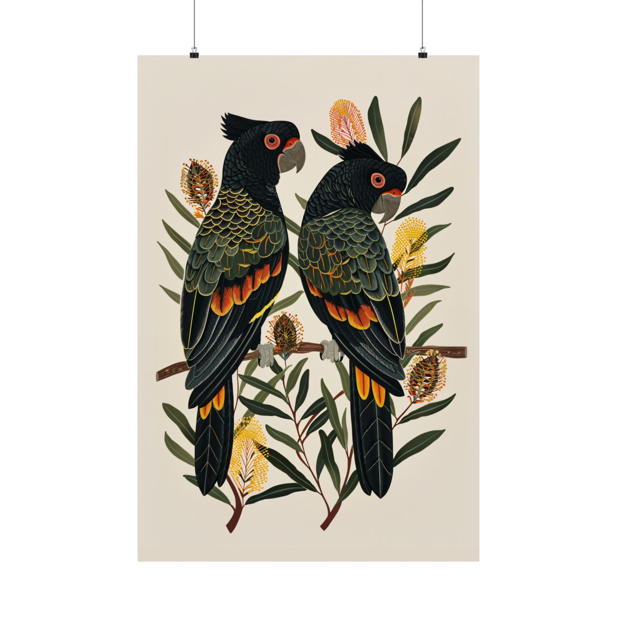 Black Cockatoos Among Banksia