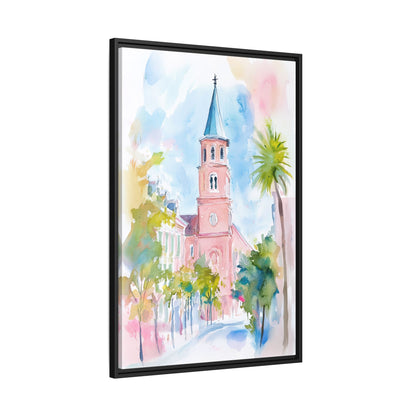 Framed Canvas - Charleston Steeple in Pastel Haze