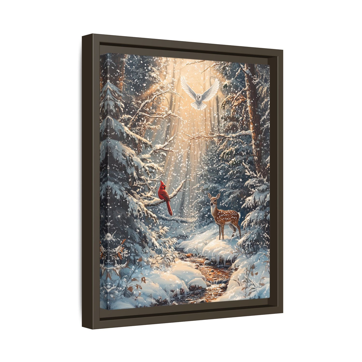 Framed Canvas - Winter Cardinal Deer Owl