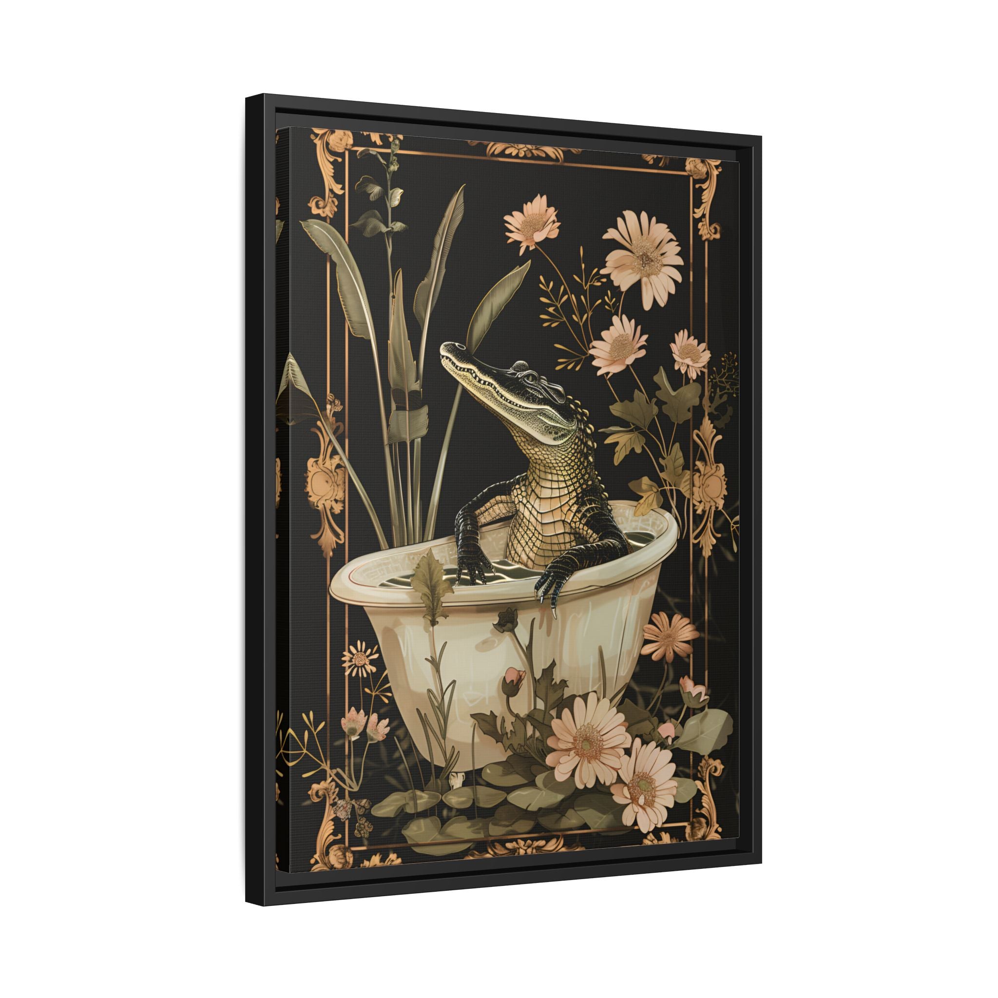 Framed Canvas - Crocodile in Bloom Bath Bliss