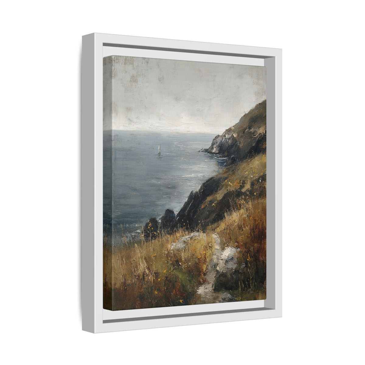 Framed Canvas - Cliffside Sailboat Seascape