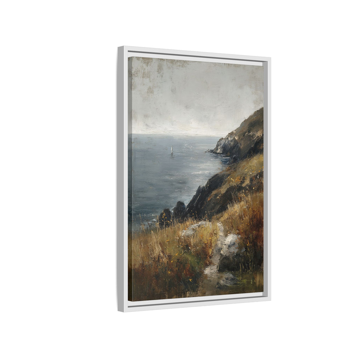 Framed Canvas - Cliffside Sailboat Seascape