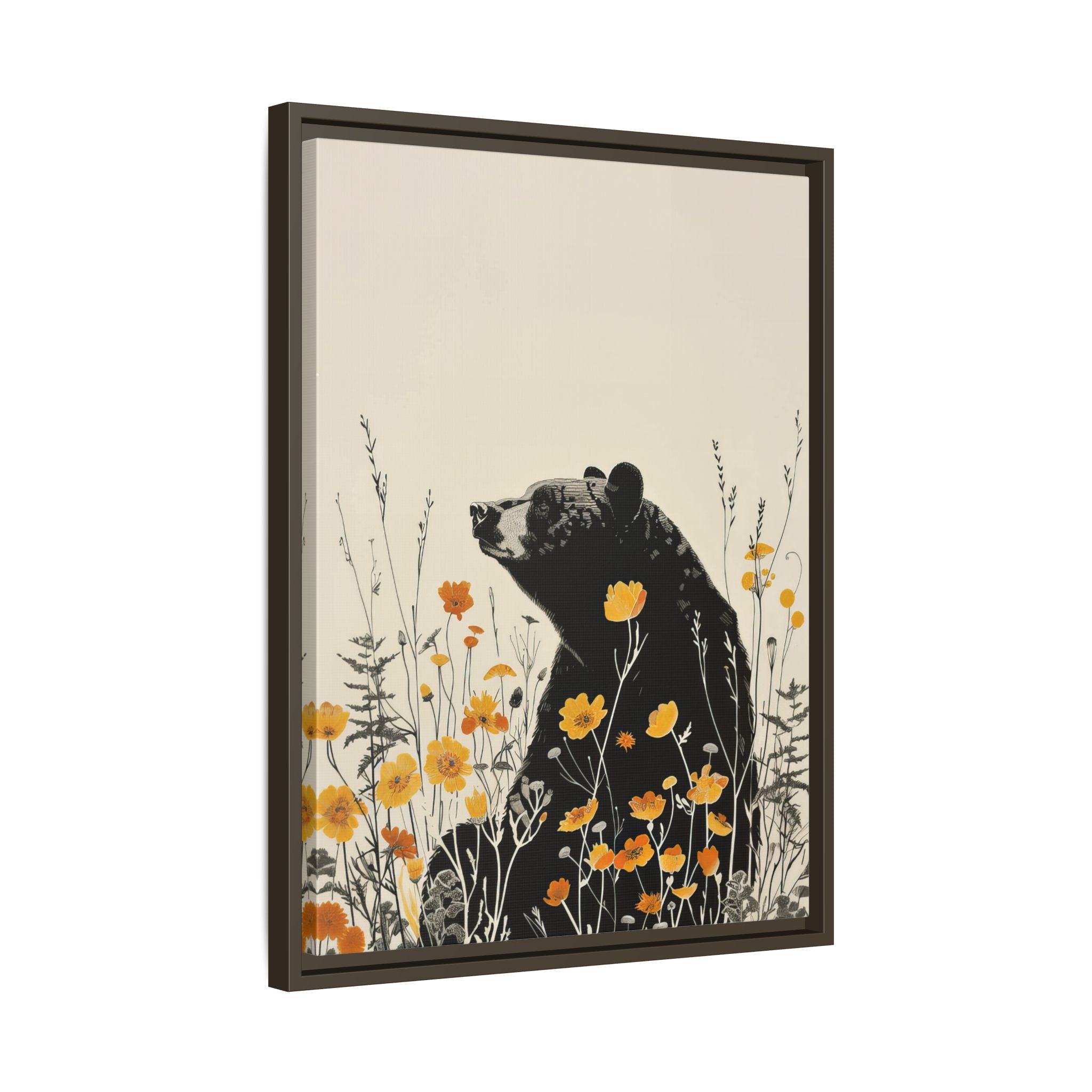 Framed Canvas - Black Bear in Wildflowers