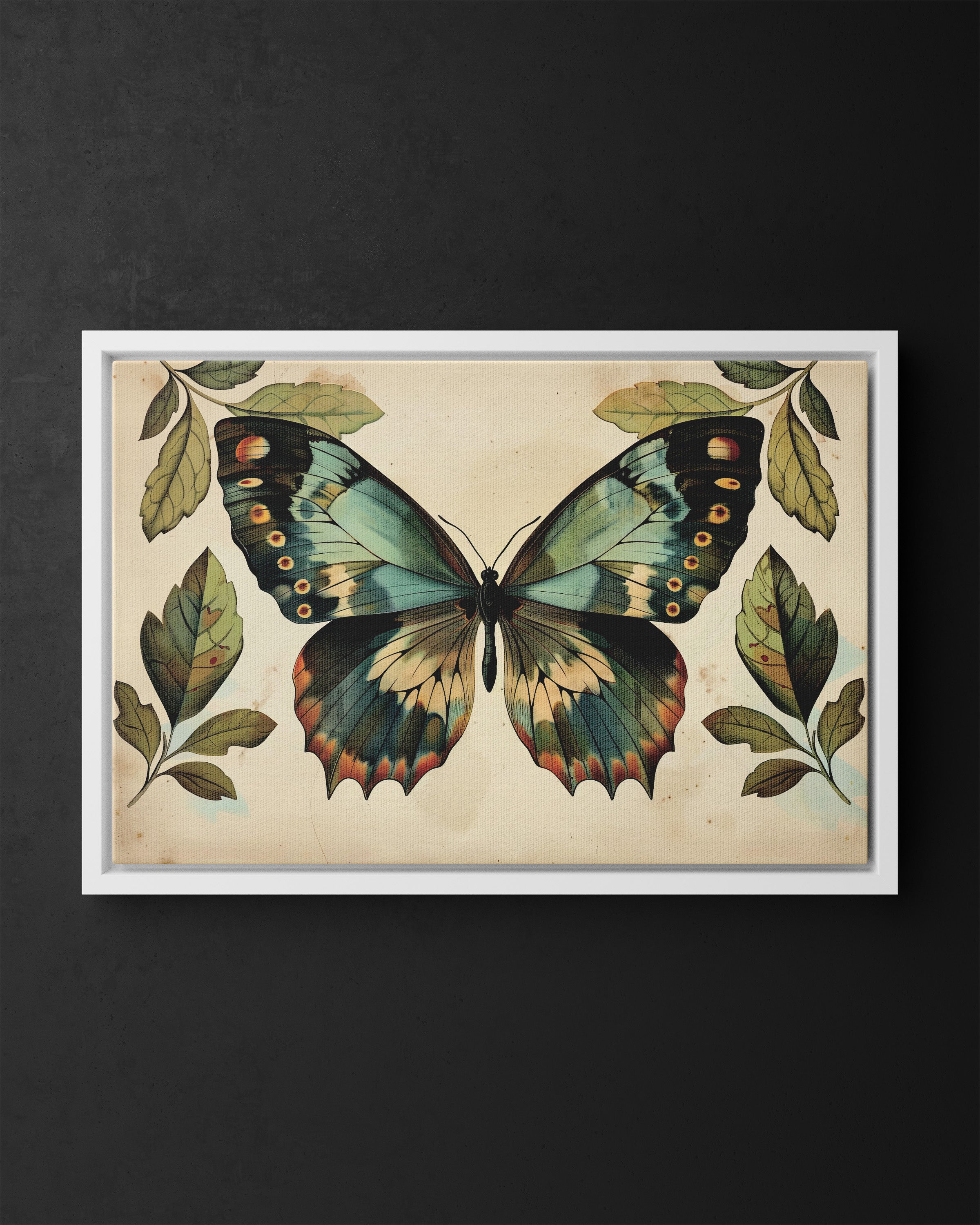 Framed Canvas - Vintage Iridescent Butterfly Bloom