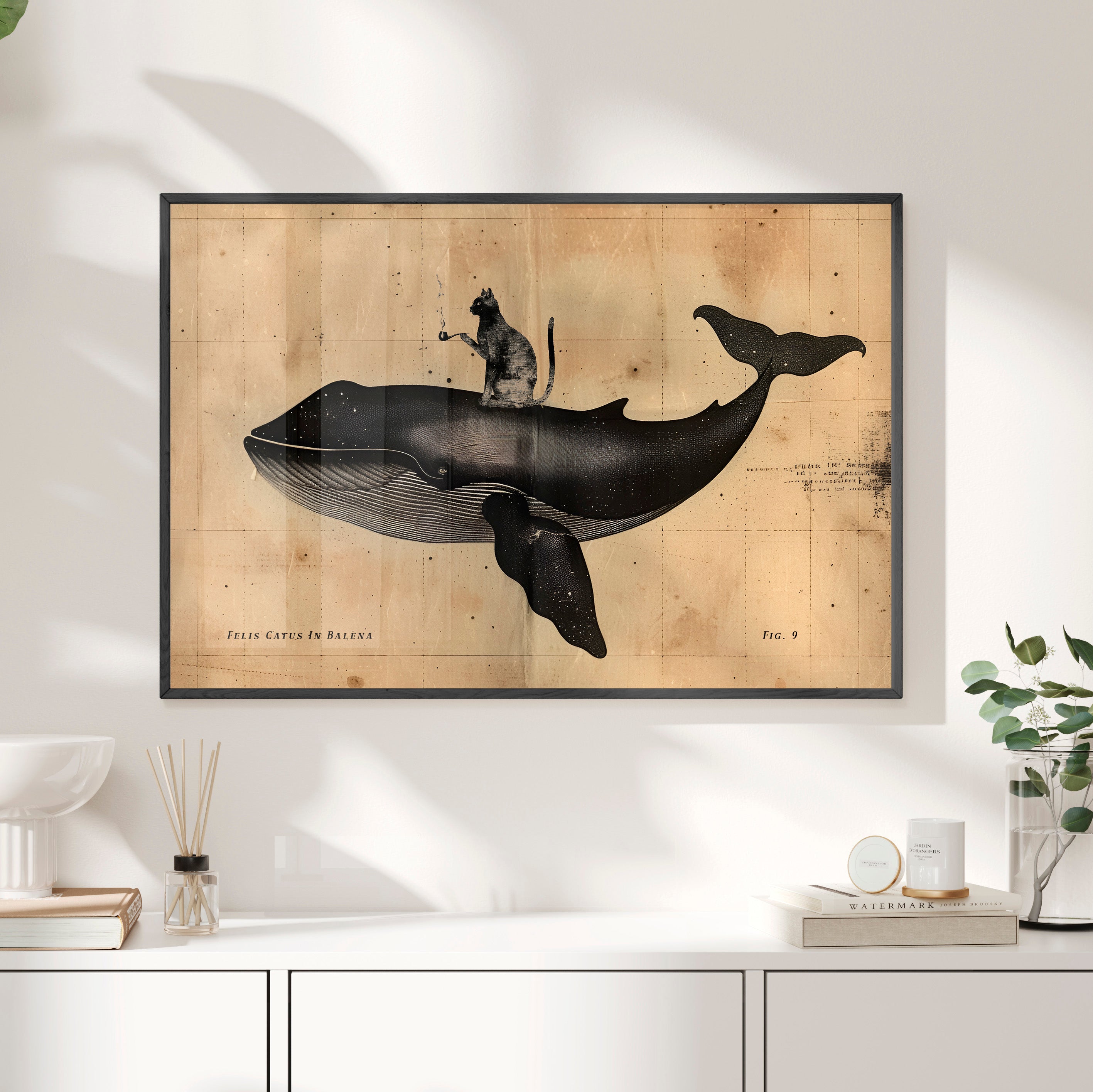 Framed Paper Print - Cat Rides Whale Theory