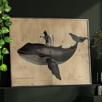 Framed Paper Print - Cat Rides Whale Theory