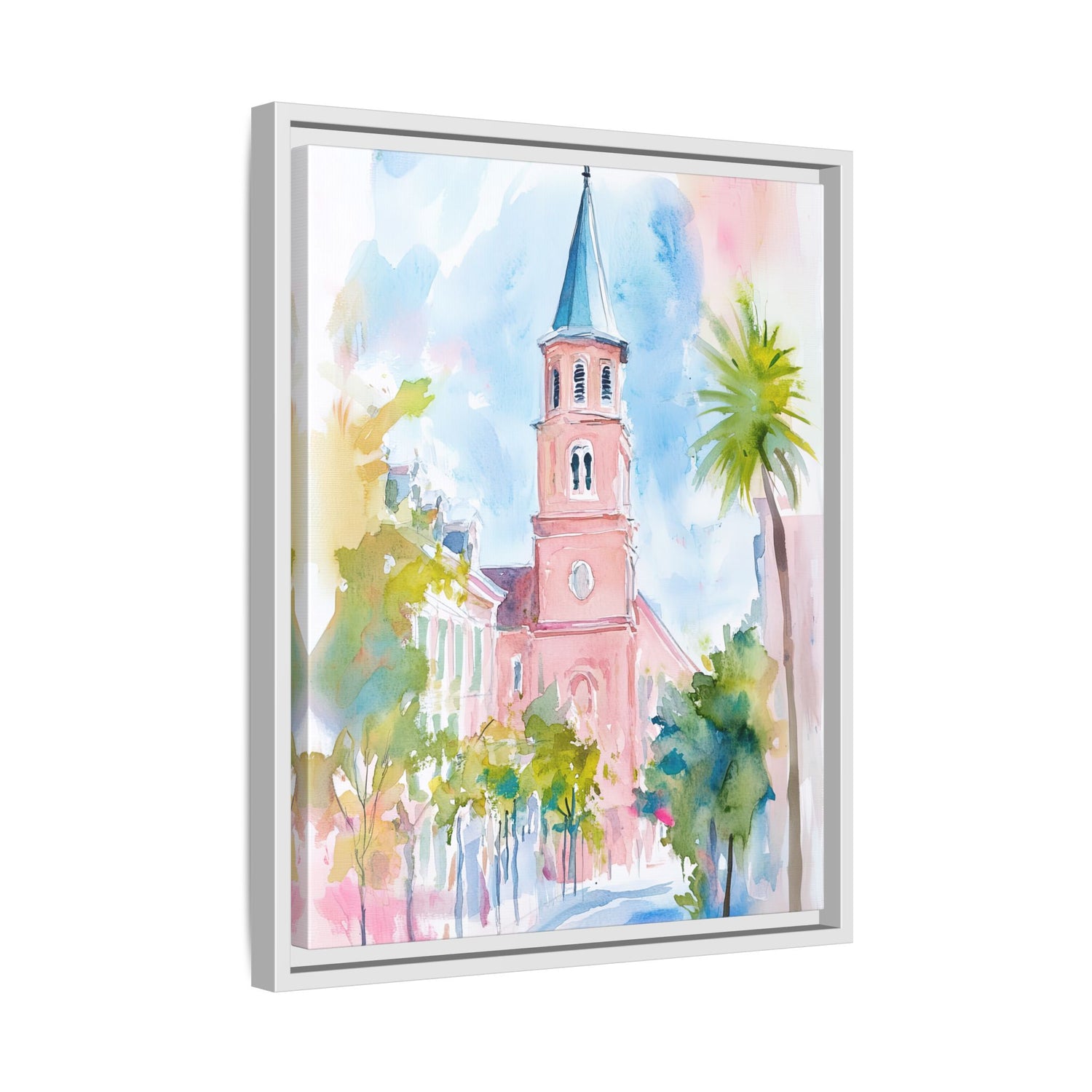 Framed Canvas - Charleston Steeple in Pastel Haze