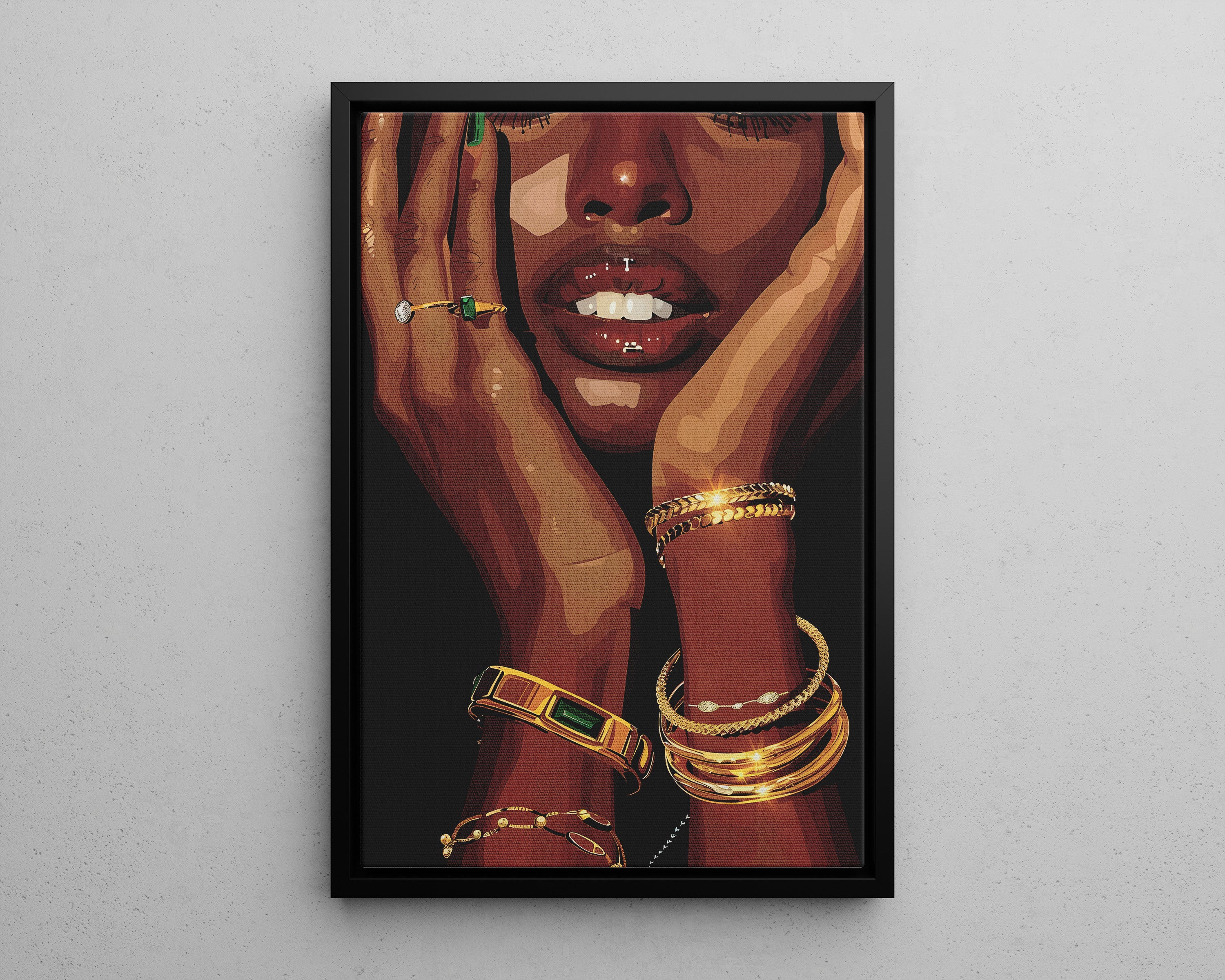 Framed Canvas - Golden Emerald Beauty Portrait