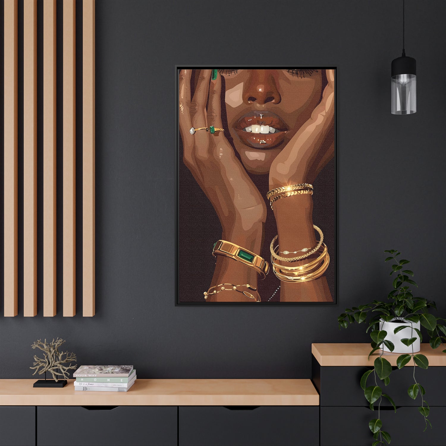 Framed Canvas - Golden Emerald Beauty Portrait