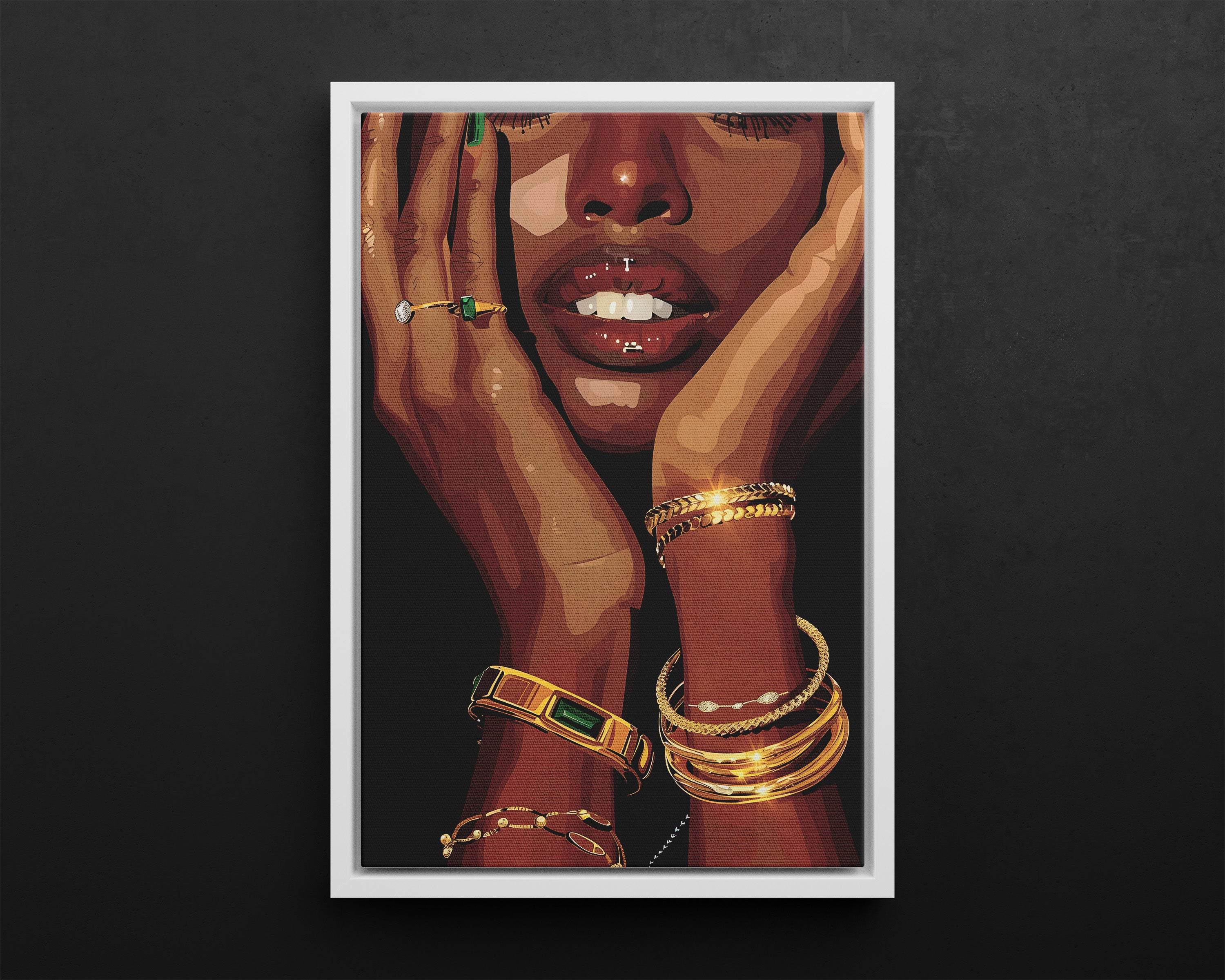 Framed Canvas - Golden Emerald Beauty Portrait