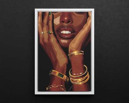 Framed Canvas - Golden Emerald Beauty Portrait