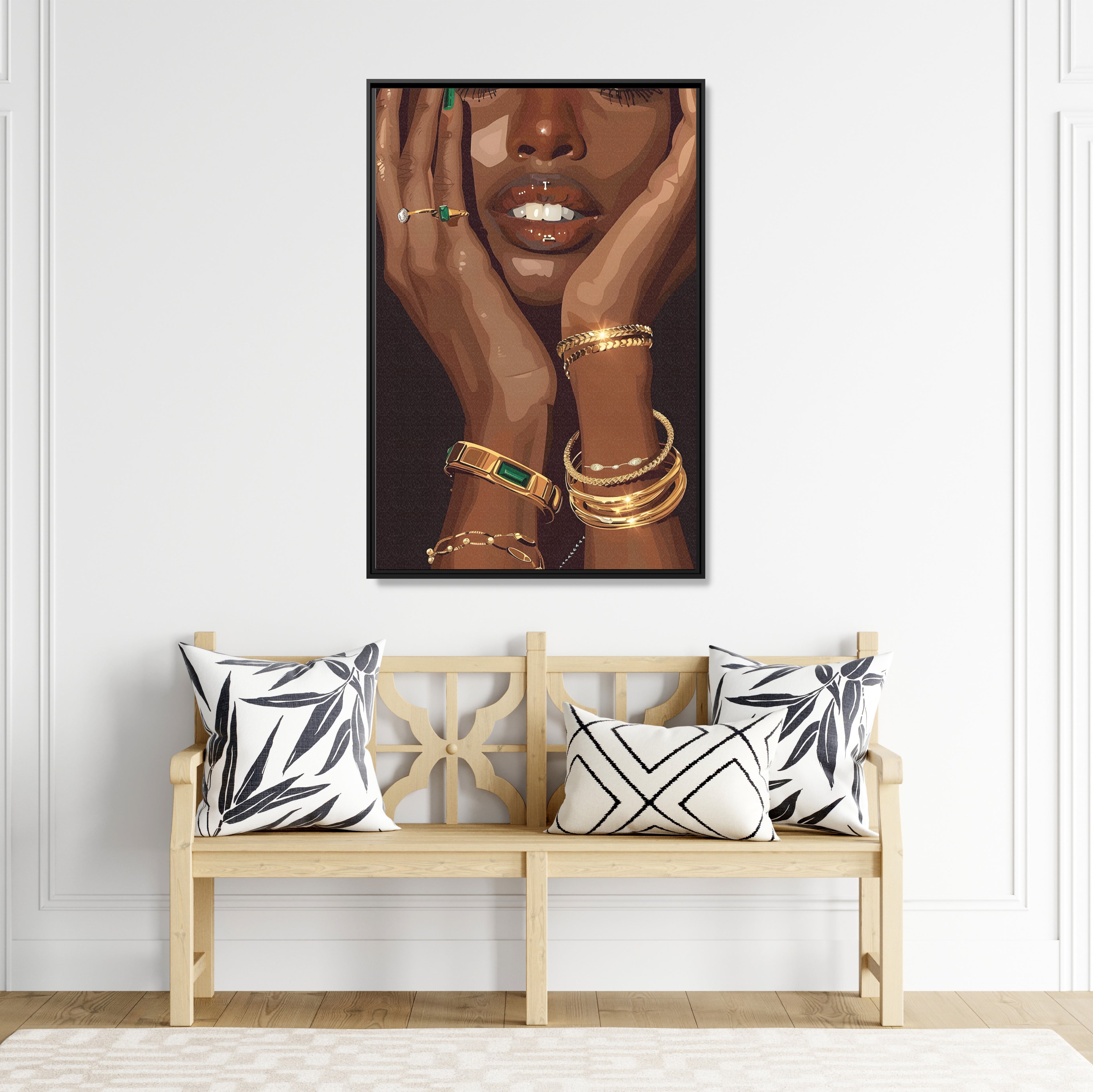 Framed Canvas - Golden Emerald Beauty Portrait