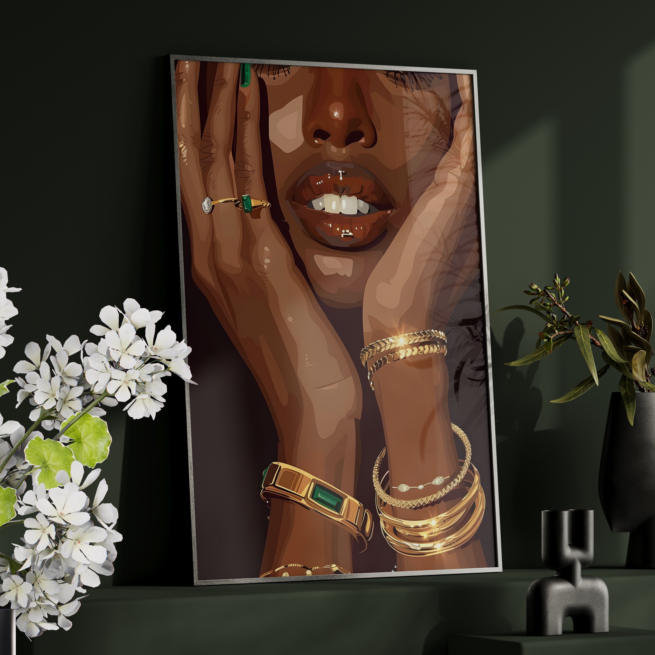 Framed Paper Print - Golden Emerald Beauty Portrait