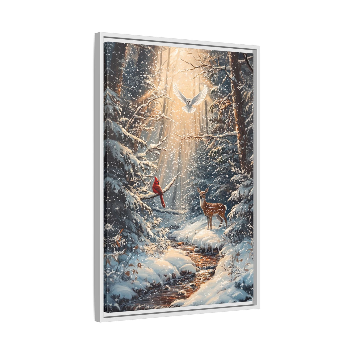 Framed Canvas - Winter Cardinal Deer Owl