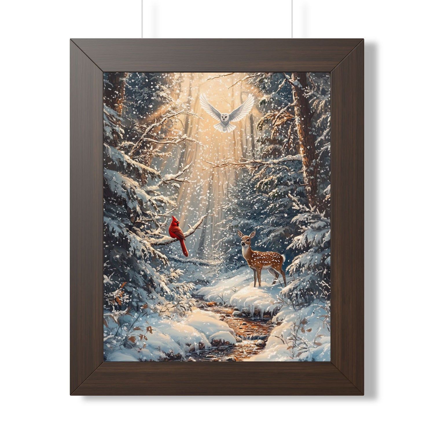 Framed Paper Print - Winter Cardinal Deer Owl