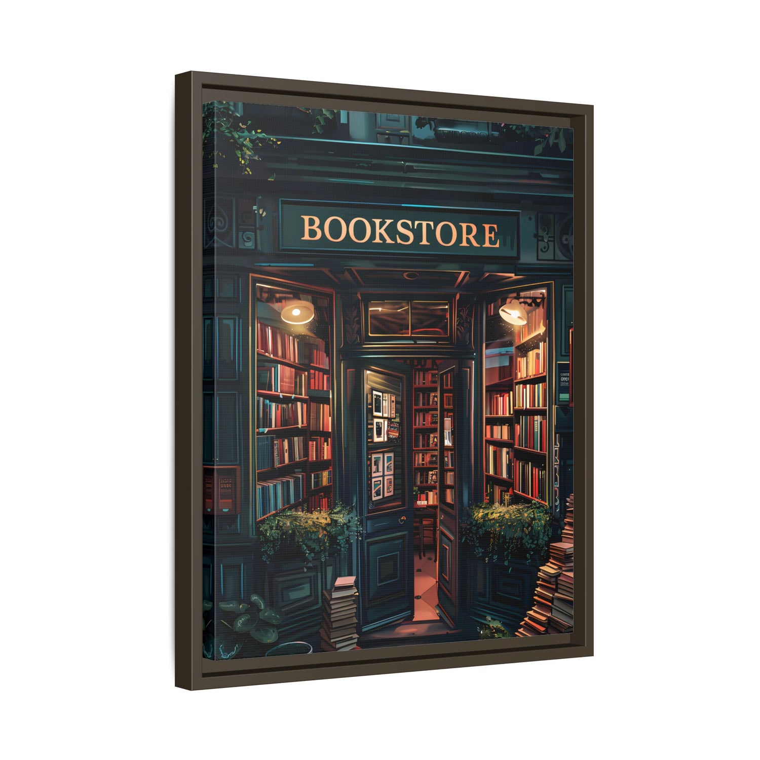 Framed Canvas - Midnight Bookstore Glow