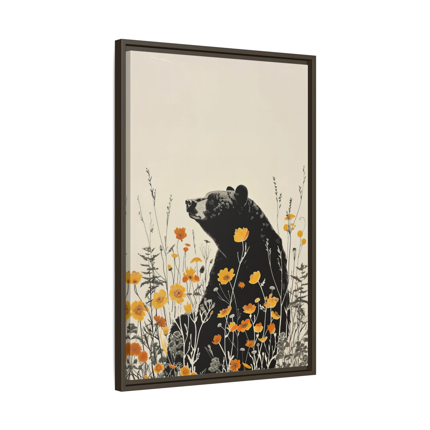 Framed Canvas - Black Bear in Wildflowers