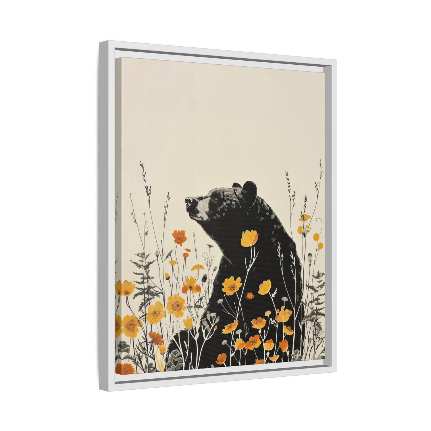 Framed Canvas - Black Bear in Wildflowers