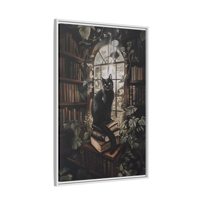 Framed Canvas - Book Hoarder Feline Gaze