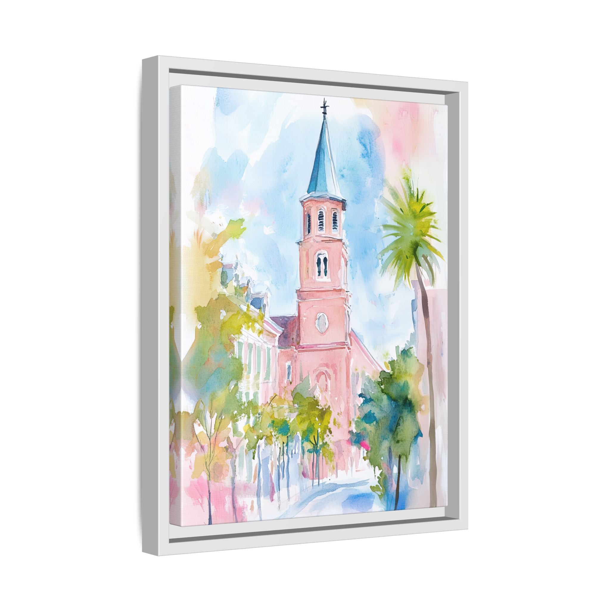 Framed Canvas - Charleston Steeple in Pastel Haze