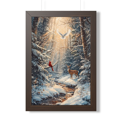 Framed Paper Print - Winter Cardinal Deer Owl