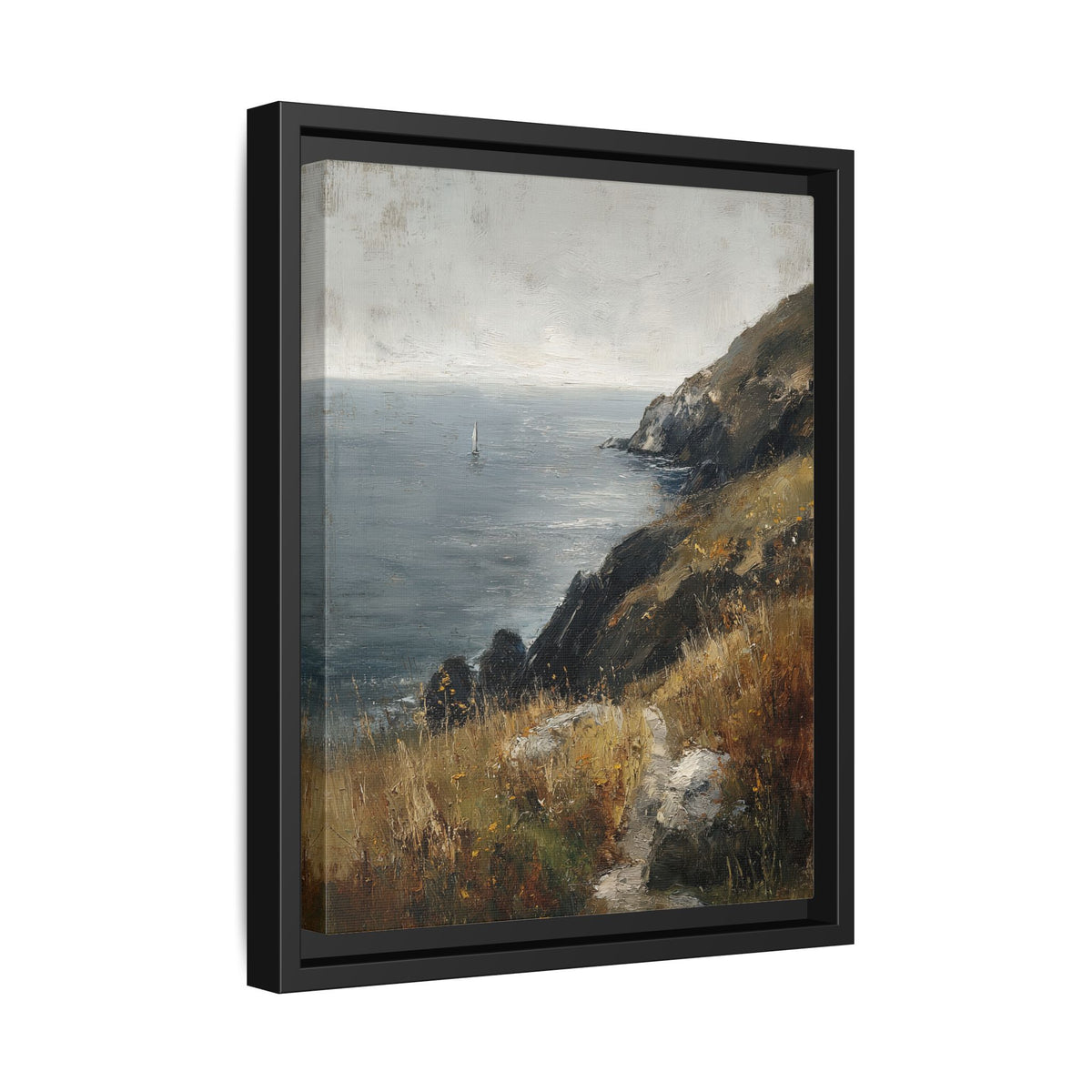 Framed Canvas - Cliffside Sailboat Seascape
