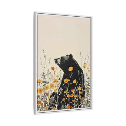 Framed Canvas - Black Bear in Wildflowers