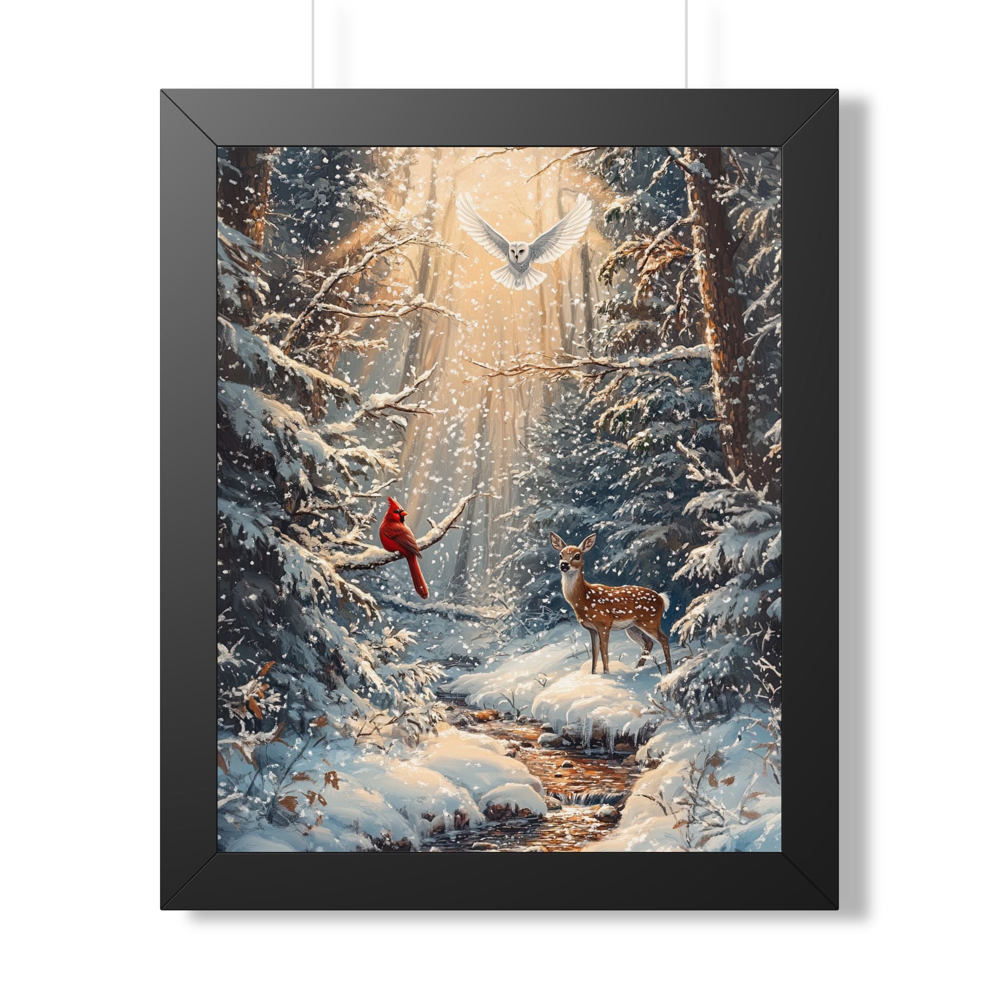 Framed Paper Print - Winter Cardinal Deer Owl